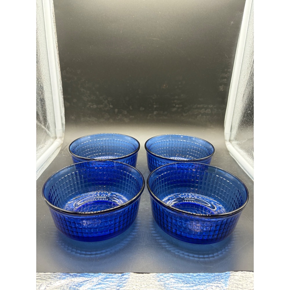 Cobalt Blue‎ Glass Waffle Weave Ramekins Small Bowls Set of 4 Geometric Textured